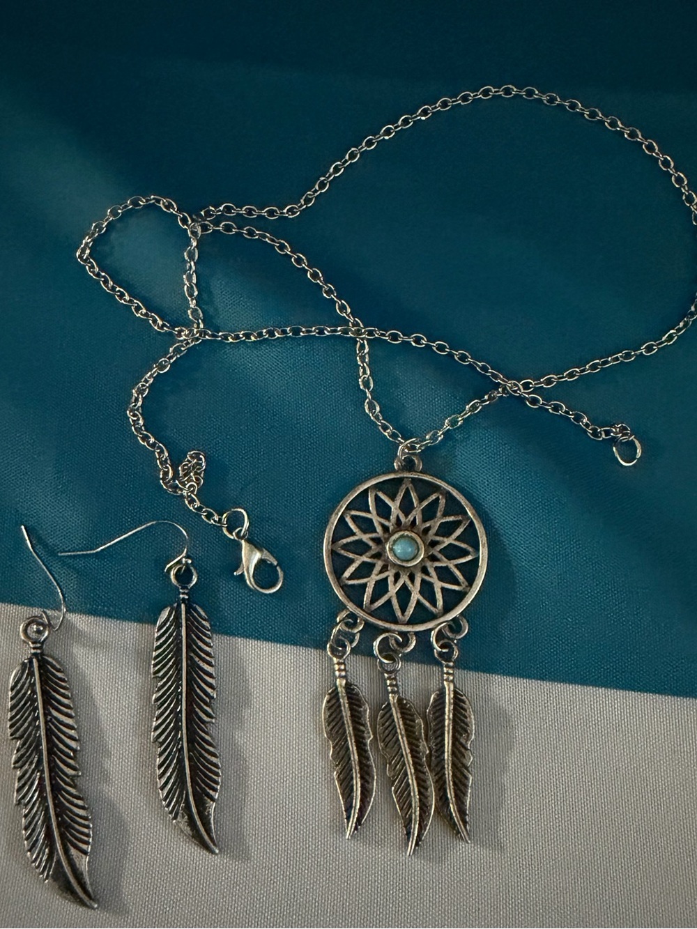 Silver Dreamcatcher Feather Necklace and Earring Set - Turquoise Accent